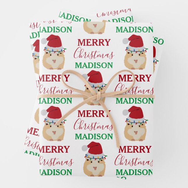 Cute Christmas Hamster Funny Animal Custom Name Wrapping Paper Sheet (In situ)
