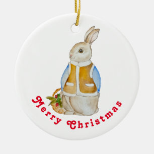 Cute Christmas hare with a basket with spruce bran Ceramic Tree Decoration