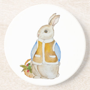 Cute Christmas hare with a basket with spruce bran Coaster