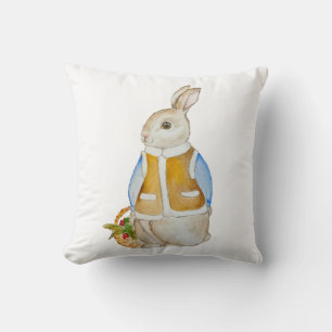 Cute Christmas hare with a basket with spruce bran Cushion