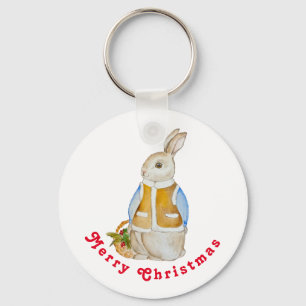 Cute Christmas hare with a basket with spruce bran Key Ring