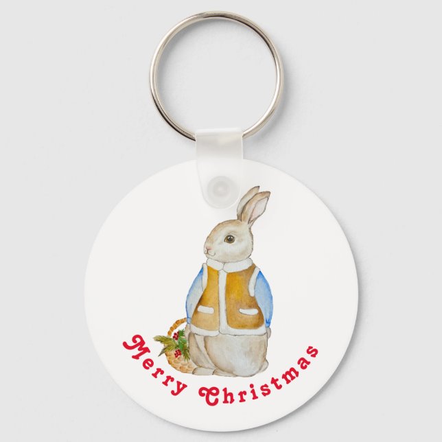 Cute Christmas hare with a basket with spruce bran Key Ring (Front)