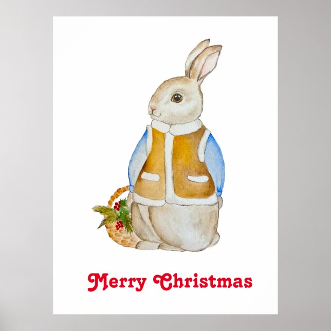 Cute Christmas hare with a basket with spruce bran Poster (Front)
