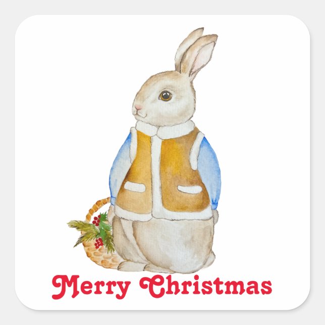 Cute Christmas hare with a basket with spruce bran Square Sticker (Front)