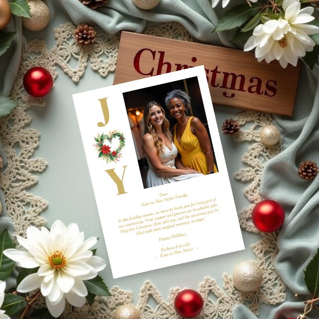 Cute Christmas Heart Floral Wreath Gold Business Holiday Card (Cute Christmas Heart Floral Wreath Gold Business Business Holidays Cards with Photo.)