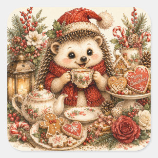Cute Christmas Hedgehog Gingerbread Cookies Winter Square Sticker
