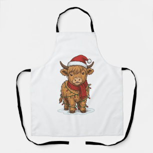 Cute Christmas Highland Cow Vintage Engraving Shir Apron