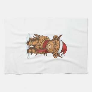Cute Christmas Highland Cow Vintage Engraving Shir Tea Towel