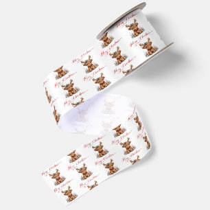 Cute Christmas Highland Cow with Festive Antlers Satin Ribbon