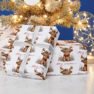 Cute Christmas Highland Cow with Festive Antlers Wrapping Paper