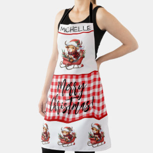 Cute Christmas Highland Cows in a sleigh Apron