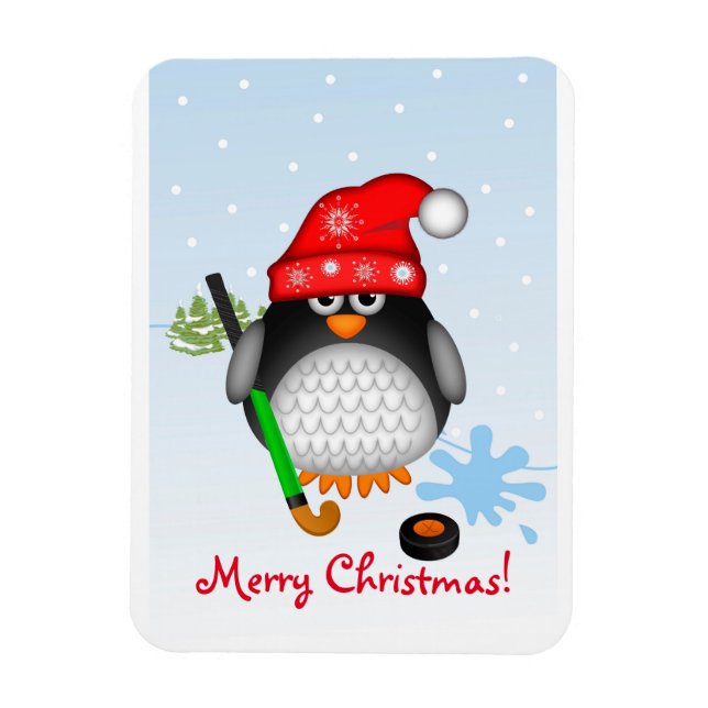 Cute Christmas Hockey Penguin & custom text magnet (Vertical)