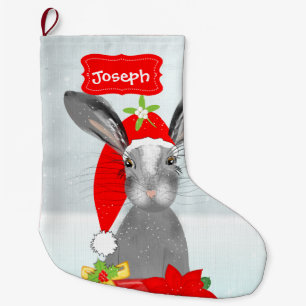 Cute Christmas Holiday Bunny Rabbit Editable Large Christmas Stocking