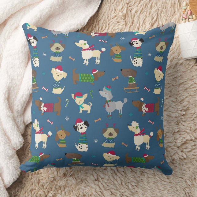 Cute Christmas Holiday Dog Pattern on Blue Cushion (Blanket)