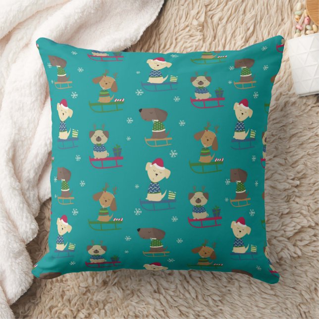 Cute Christmas Holiday Dogs on Sleds Pattern Cushion (Blanket)
