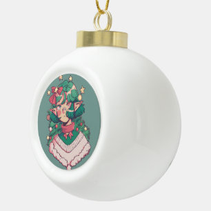 Cute Christmas Holiday Elf Anime Girl Ceramic Ball Christmas Ornament