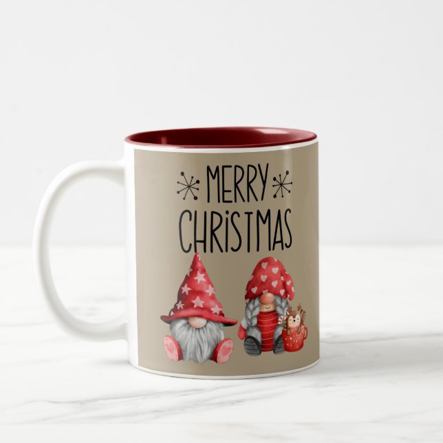 Cute Christmas Holiday Gnomes Two-Tone Coffee Mug (Left)