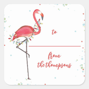 Cute Christmas Holiday Lights Pink Flamingo Beach Square Sticker