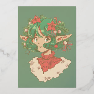 Cute Christmas Holiday Poinsettia Elf Anime Girl