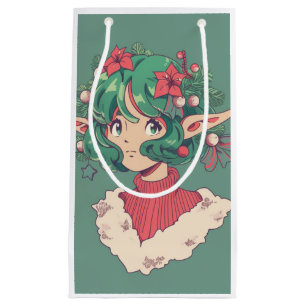 Cute Christmas Holiday Poinsettia Elf Anime Girl Small Gift Bag