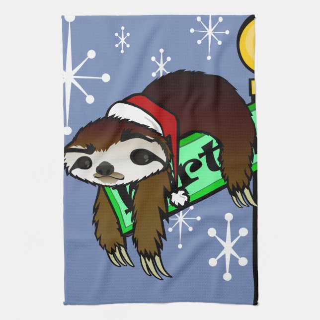 CUTE CHRISTMAS HOLIDAY SANTA SLOTH VERTICAL TEA TOWEL (Vertical)