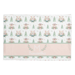 Cute Christmas Holiday Trees Bear & Deer Monogram Pillowcase