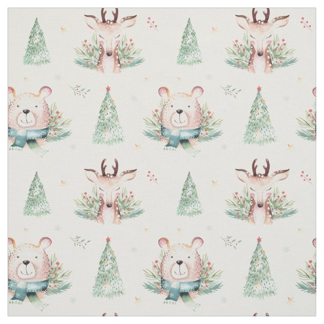 Cute Christmas Holiday Trees Woodland Bear & Deer Fabric (Swatch)