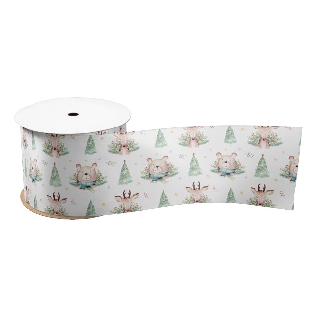 Cute Christmas Holiday Trees Woodland Bear & Deer Satin Ribbon (Spool)