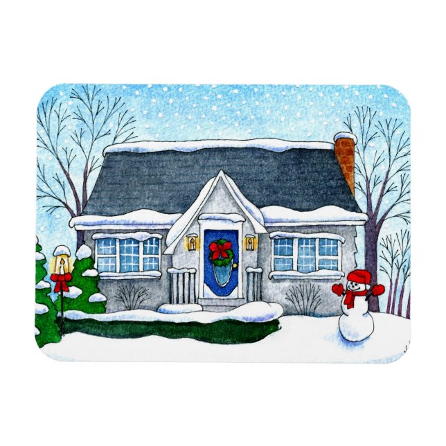 Cute Christmas house with snowman magnet (Horizontal)