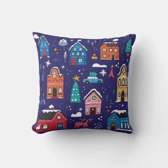 Cute Christmas houses flat vintage illustrations s Cushion (Front)