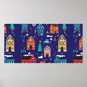 Cute Christmas houses flat vintage illustrations s Poster