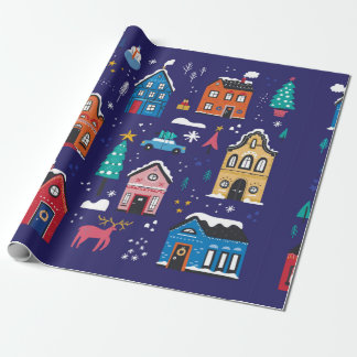 Cute Christmas houses flat vintage illustrations s Wrapping Paper