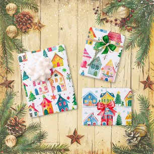 Cute Christmas Houses Wrapping Paper Sheet