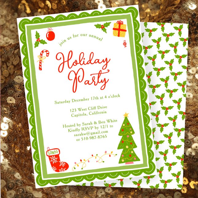 Cute Christmas Icons Scallop CUSTOM Holiday Party Invitation (Cute Christmas Icons Scalloped Edges Whimsical  CUSTOM Holiday Party Invitation
)