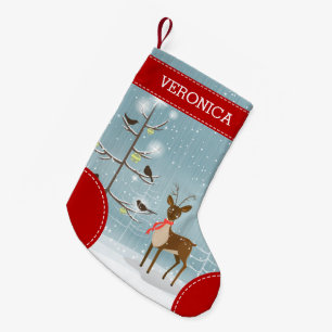 Cute Christmas Illustration Deer, Tree & Birds Small Christmas Stocking