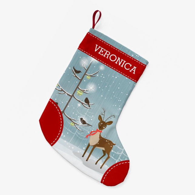 Cute Christmas Illustration Deer, Tree & Birds Small Christmas Stocking (Front (Hanging))