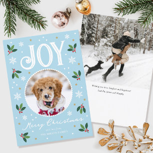 Cute Christmas Joy Custom Name Photo Blue Holiday Card