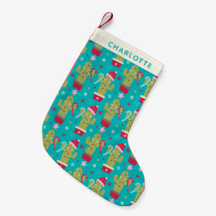 Cute Christmas Kawaii Cactus Blue Personalized Small Christmas Stocking