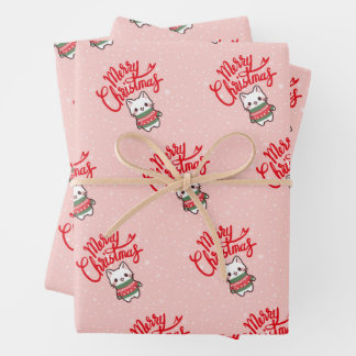 Cute Christmas Kawaii Kitten on Red Background Wrapping Paper Sheet