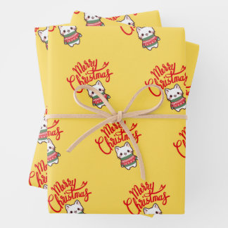 Cute Christmas Kawaii Kitten on Yellow Background Wrapping Paper Sheet