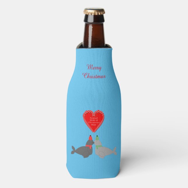 Cute Christmas Kissing Seals Custom Bottle Cooler (Bottle Front)