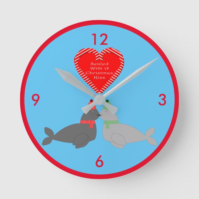 Cute Christmas Kissing Seals Round Clock (Front)