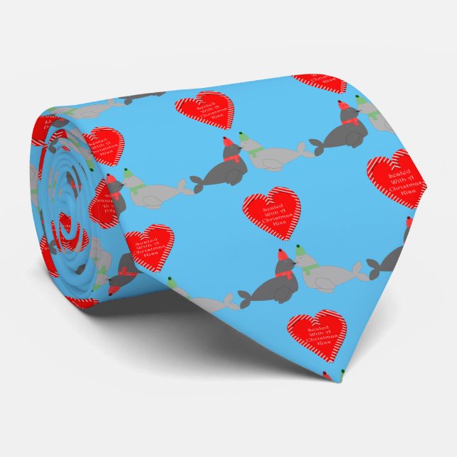 Cute Christmas Kissing Seals Tie (Rolled)