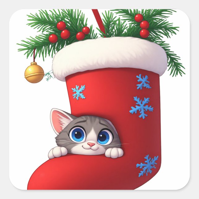 🎄 Cute Christmas Kitten Hiding In Stocking 🐾 Square Sticker (Front)
