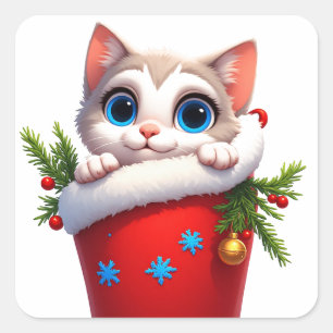 🎁 Cute Christmas Kitten Holiday Stocking Scene 🐾 Square Sticker