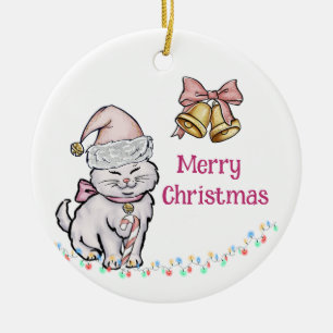 Cute Christmas Kitten in a Santa Hat Custom Name Ceramic Tree Decoration