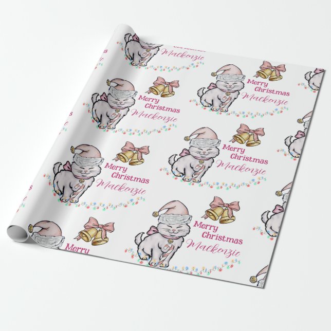 Cute Christmas Kitten in a Santa Hat Custom Name Wrapping Paper (Unrolled)
