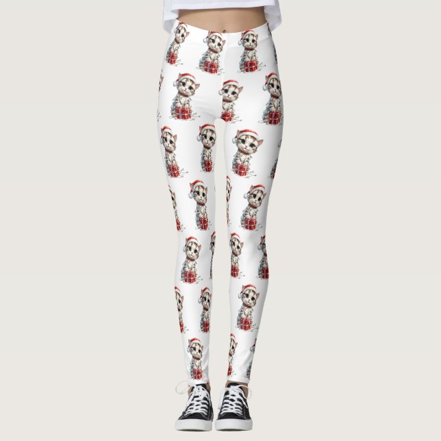 Cute Christmas Kitten on Gift Box Leggings (Front)