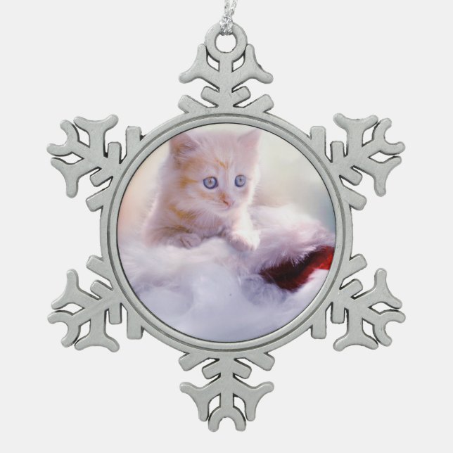 Cute Christmas Kitten Photograph Snowflake Pewter Christmas Ornament (Front)