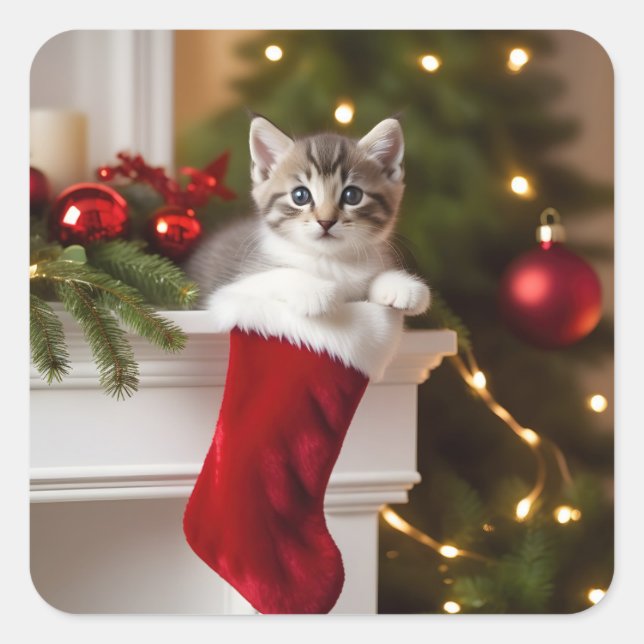 Cute Christmas Kitten  Square Sticker (Front)